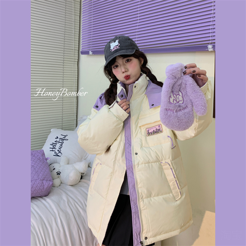 日系甜美紫色郁金香短款羽绒棉服