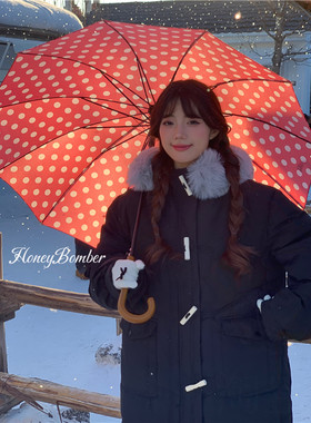 甜心轰炸机韩系大毛领宽松牛角扣连帽棉服女秋冬季休闲棉衣外套