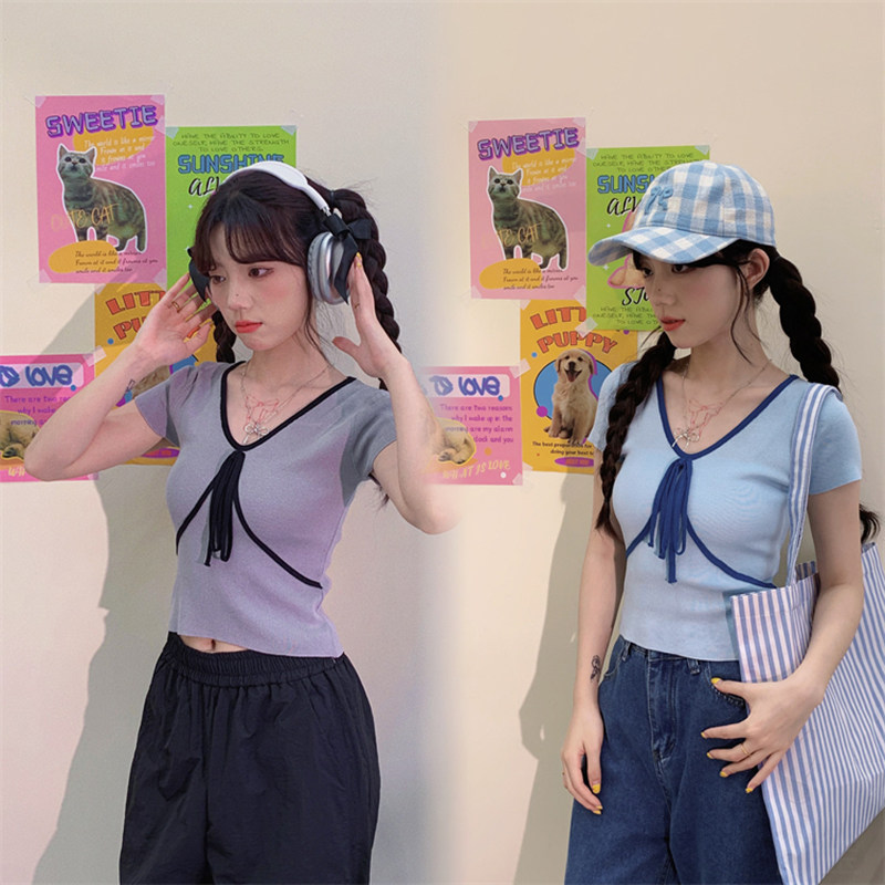 甜心轰炸机 短袖蝴蝶结针织衫女春秋复古紧身修身设计感V领上衣,女装/女士精品,T恤,淘宝优惠券,粉丝福利购,淘宝优惠卷