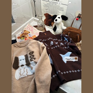 可爱棕色小狗刺绣针织开衫 女蓝灰色圆领少女毛衣百搭软糯上衣外套