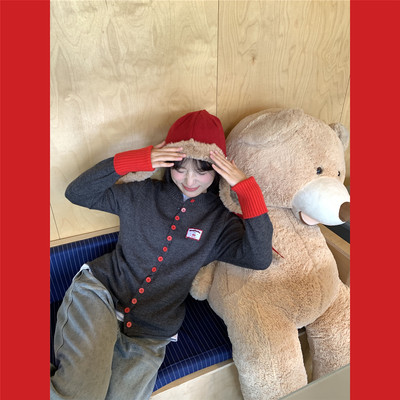 慵懒复古撞色假两件樱桃针织开衫