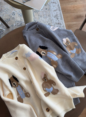 甜心轰炸机 美式复古小熊灰色连帽毛衣少女秋冬宽松休闲开衫外套