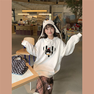 外套上衣女 休闲长袖 甜心轰炸机卡通爱心企鹅加厚绒插肩袖 卫衣韩版