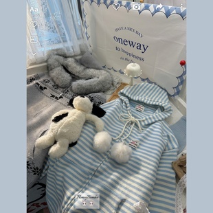 条纹毛球毛领复古y2k亚比风毛衣女连帽毛领针织开衫慵懒外搭外套