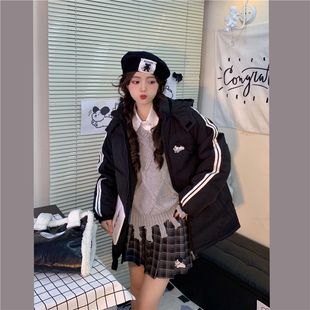 黑色连帽条纹棉服外套女小个子学生宽松加厚棉衣 甜心轰炸机秋冬季