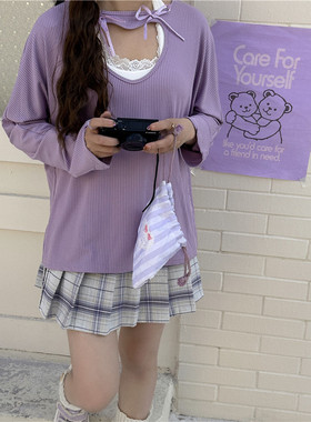 芭蕾紫色镂空少女感甜辣爱心蝴蝶结长袖t恤宽松打底衫防晒上衣女