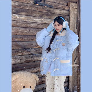 甜心轰炸机baby蓝羽绒棉服女冬外套学院风超好看牛角扣棉衣棉袄厚