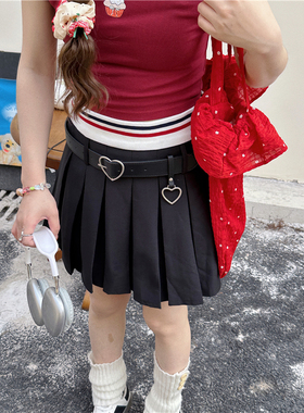 甜心轰炸机学院感黑色显瘦设计感爱心腰带拼接撞色百褶裙高腰短裙