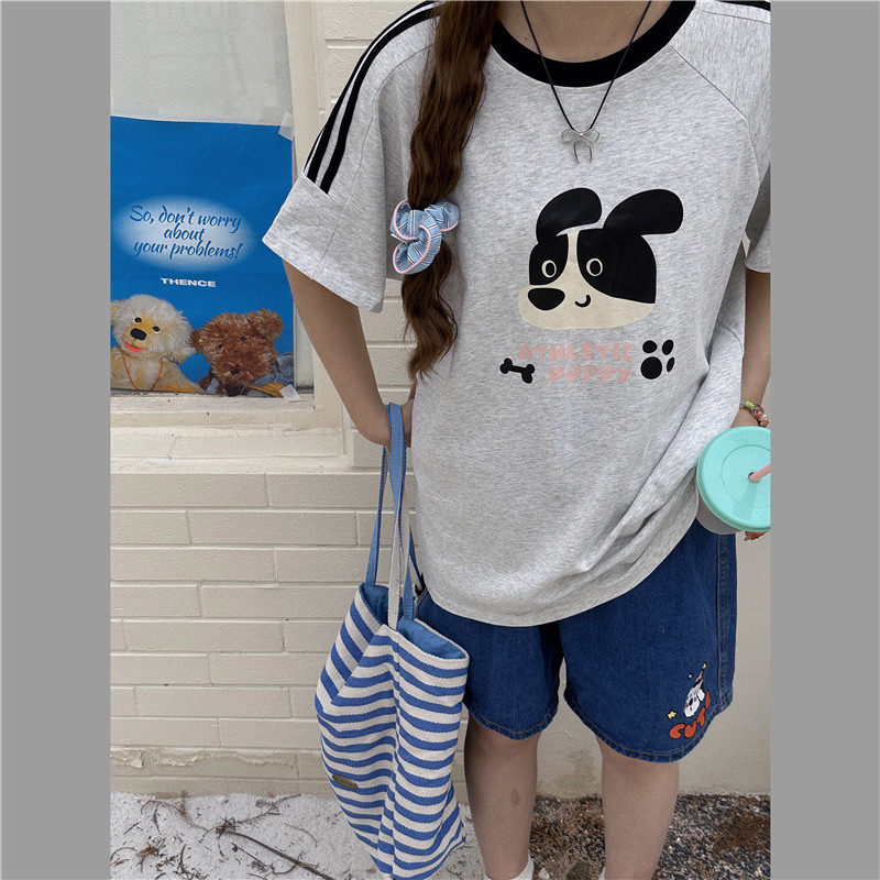 复古休闲小狗短袖T恤女夏