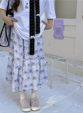 甜心轰炸机 高腰长裙紫色蝴蝶结设计感层次感减龄显瘦半身裙女ins