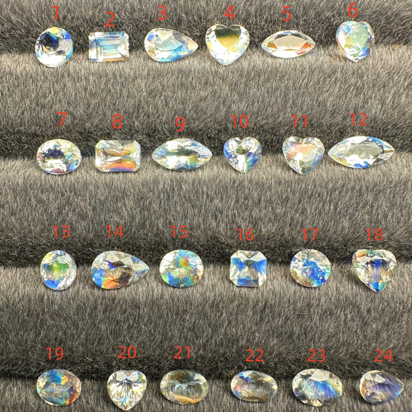 天然精选彩虹月光石裸石刻面炫彩水滴心形切工120/克拉起戒面23