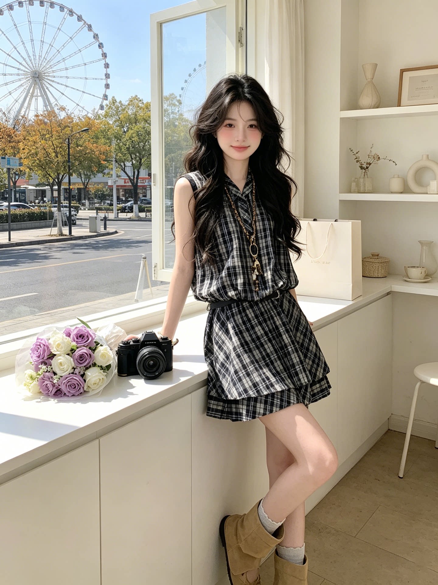 Qadın üçün plaid V-yaxalı yay paltarı, A-siluet
