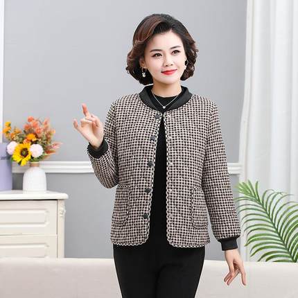 妈妈秋冬装加绒格子棉衣女短款中老年人夹棉袄子保暖上衣棉服外套