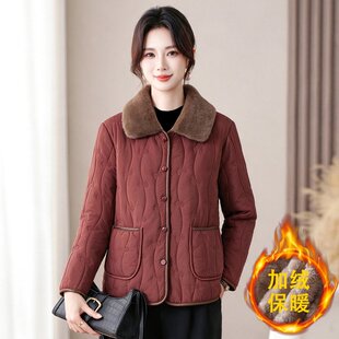 秋冬妈妈装翻领棉衣外套中老年女装毛领短款保暖棉袄加绒加厚棉服