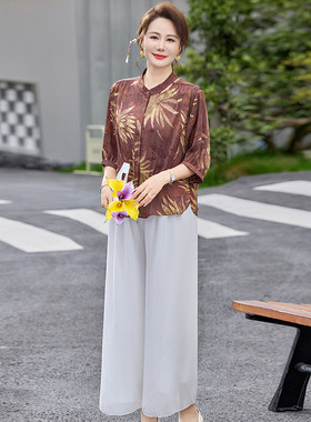 2026新款40岁50女妈妈夏装时尚中袖雪纺上衣气质印花T恤两件套装