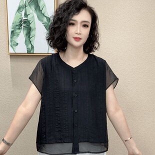 夏季新款短袖衬衫黑色欧根纱拼接短袖上衣时尚洋气百搭减龄衬衣女
