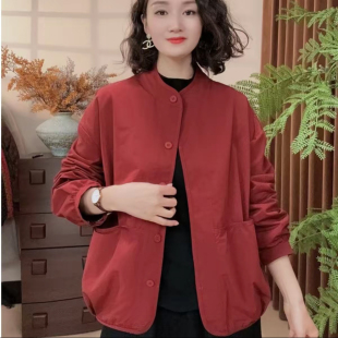 妈妈装纯棉夹克衫薄外套宽松休闲简约中年女士二八月春秋短款上衣