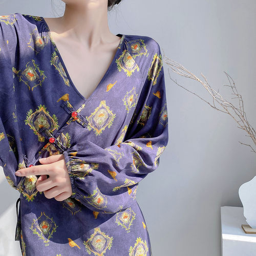 棉绸睡裙女秋款高级感复古中式大码睡衣薄款可外穿长款连衣裙2025