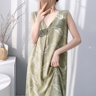 复古无袖棉绸睡裙女夏季薄款宽松可外穿家居服带胸垫防凸点连衣裙