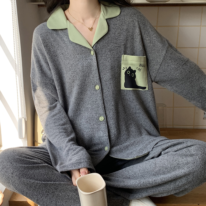 卡通小黑猫秋冬睡衣女天然彩棉春秋棉质长袖开衫家居服套装可外穿