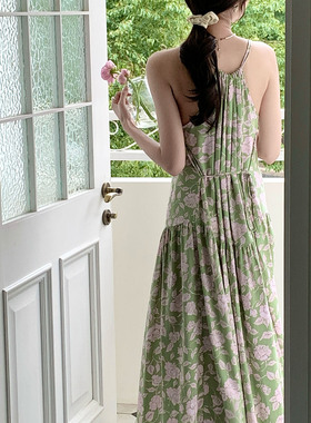 法式度假风棉绸睡裙印花吊带连衣裙女夏季甜美长款高级感绿色裙子