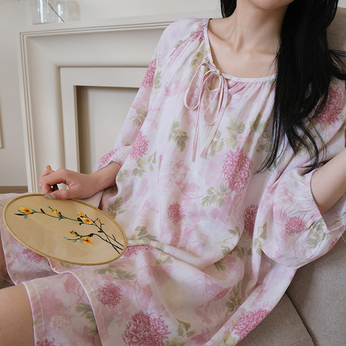 带内衬睡衣女夏季绵绸新中式大码家居服可外穿宽松舒适防凸点套装