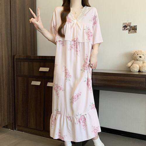 短袖棉绸睡裙女夏季薄款