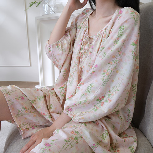 带内衬棉绸睡衣女春秋夏长袖薄