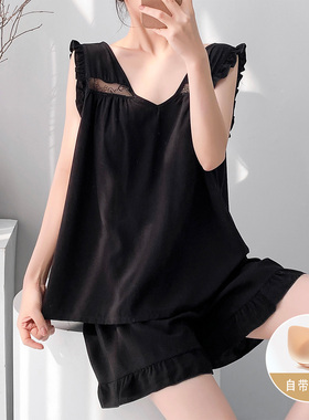 背心短裤带胸垫睡衣女夏黑色高级感可外穿家居服高级感防凸点套装