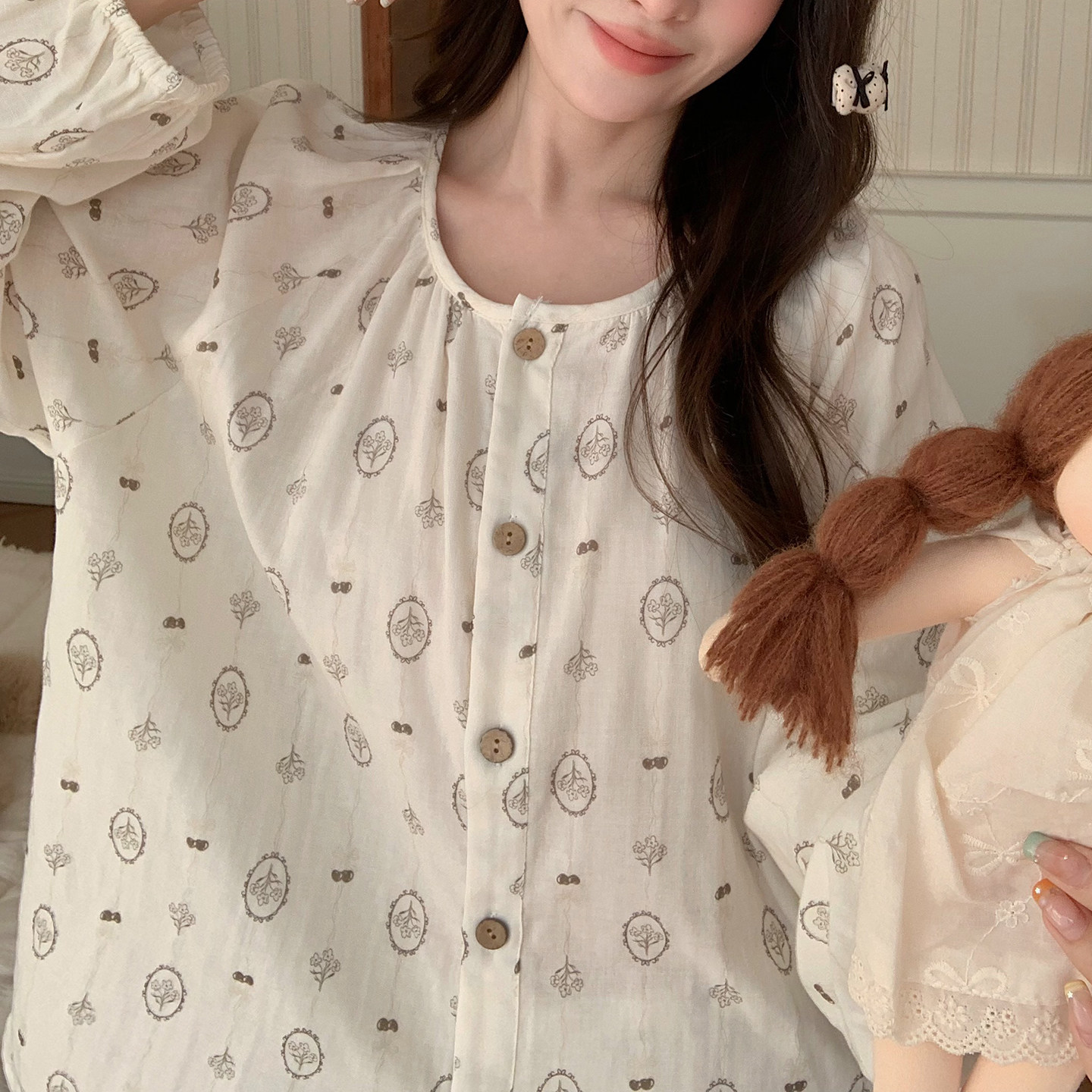 全棉圆领开衫睡衣女生长袖长裤田园风棉纱2026款家居服套装秋冬季