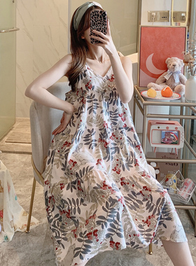 露背棉绸睡裙女夏薄款性感人造棉吊带裙日系宫廷风绵绸睡衣家居服