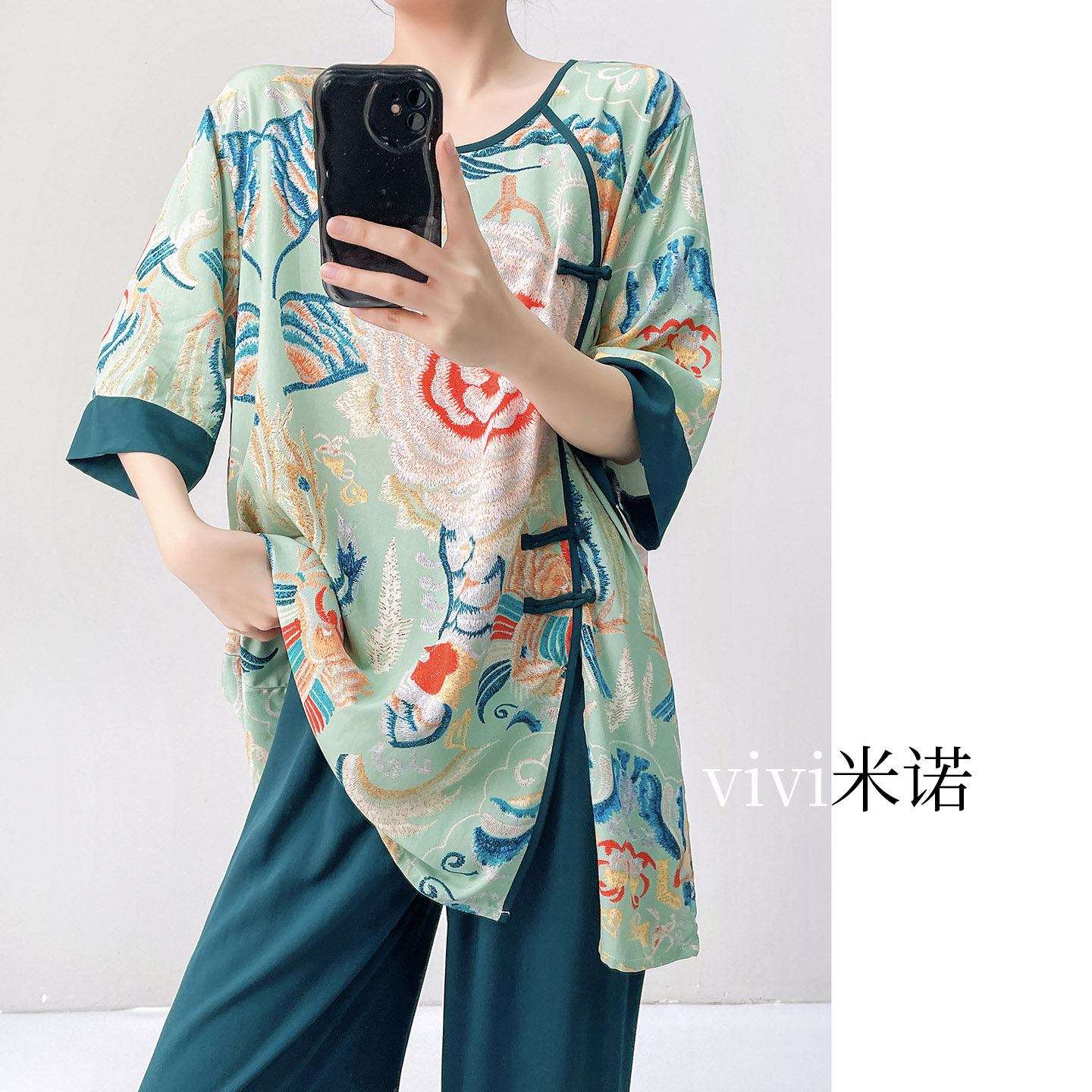 棉绸睡衣女春夏印花新中式国风可外穿宽松薄款家居服清汉女套装薄