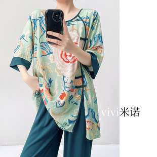 薄 家居服清汉女套装 棉绸睡衣女春夏印花新中式 国风可外穿宽松薄款