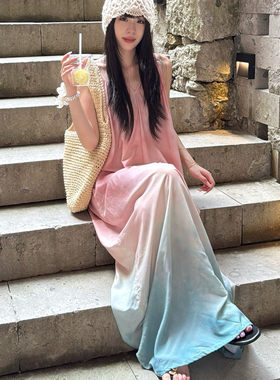 棉绸睡裙女夏渐变色吊带两穿长裙