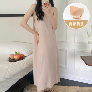 棉绸睡裙女夏中长款气质显瘦吊带连衣裙v领仙女裙家居服纯色新款