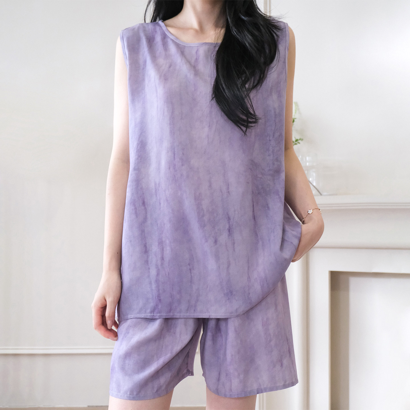极简文艺风棉绸背心式睡衣女夏季时髦紫色家居服套装可外穿大码薄