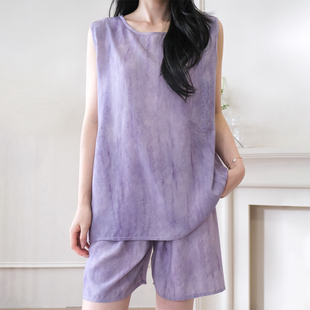 极简文艺风棉绸背心式睡衣女夏季时髦紫色家居服套装可外穿大码薄