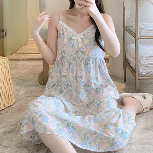防凸点吊带睡裙女夏天带胸垫棉绸加长睡衣甜美可外穿绵绸家居服薄