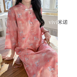 素可外穿家居服甜美风国风绵绸裙 小马元 新中式 盘扣睡裙女春夏薄款