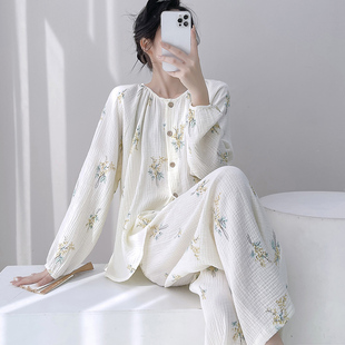 双层棉纱家居服套装 中式 长裤 睡衣女生婴儿棉春秋长袖 纯棉纱布大码