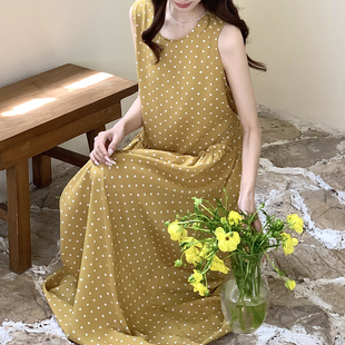 夏季无袖圆点睡裙女夏棉绸长裙可外穿休闲家居服黄色高级感连衣裙