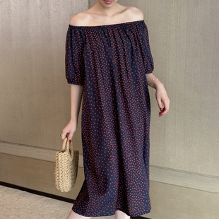 甜美风一字领波点棉绸睡裙女式夏季宽松可外穿家居服中长款连衣裙