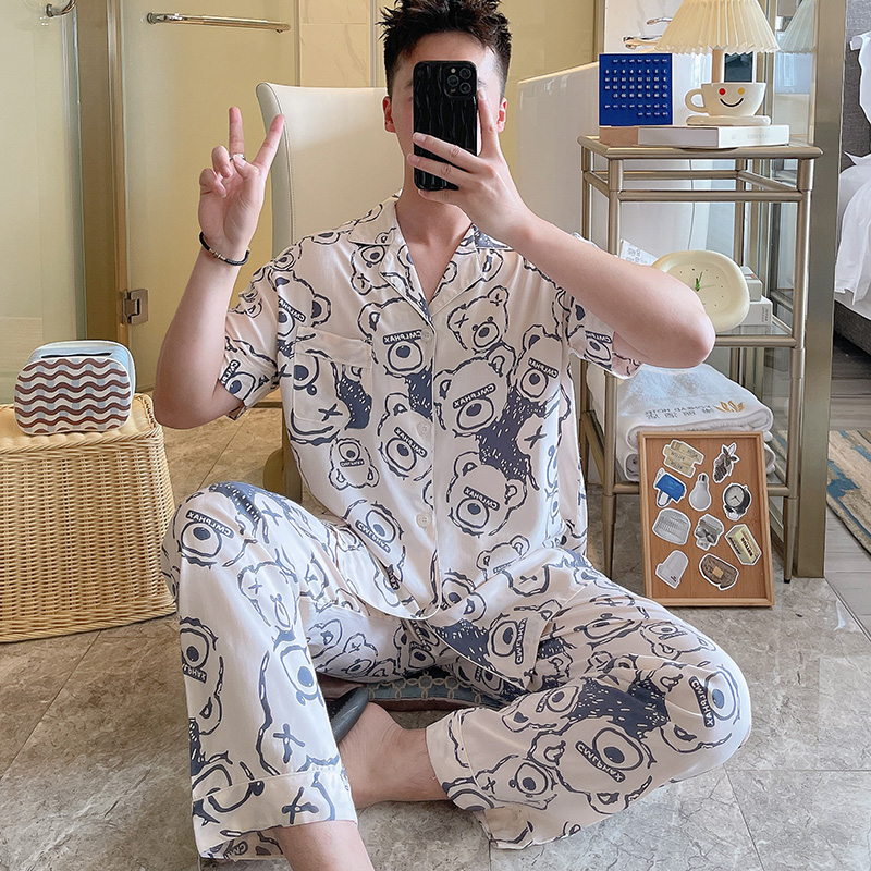 男士开衫棉绸长裤睡衣春夏季短袖凉感家居服青少年学生绵绸套装薄