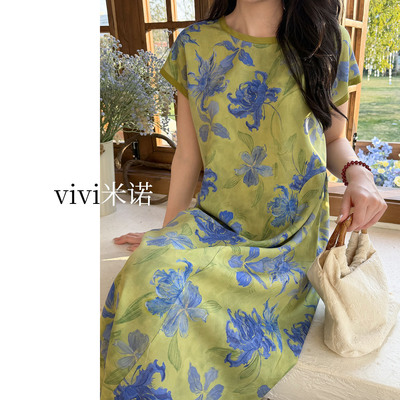 新中式国风绵绸睡裙夏季花卉可外