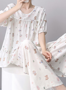 小熊印花棉绸女睡衣套装可外穿