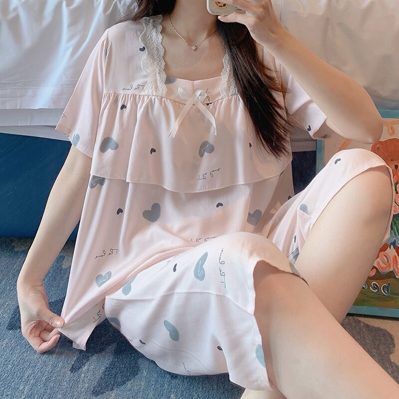 夏天棉绸睡衣女春短袖防凸点绵绸可爱卡通遮胸套装大码家居服套装