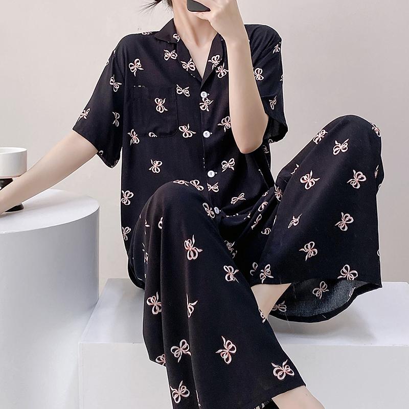 睡衣女春夏季绵绸短袖长裤家居服