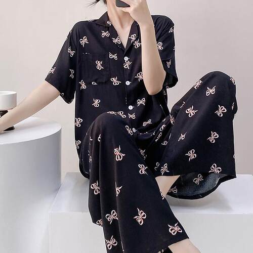 睡衣女春夏季绵绸短袖长裤家居服
