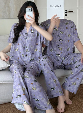 情侣棉绸夏季薄款可外穿睡衣套装