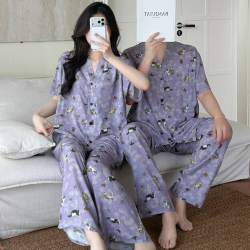 情侣棉绸夏季薄款可外穿睡衣套装